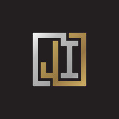 Initial letter JI, looping line, square shape logo, silver gold color on black background