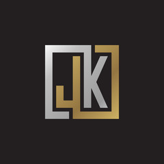 Initial letter JK, looping line, square shape logo, silver gold color on black background