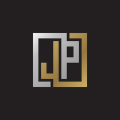 Initial letter JP, looping line, square shape logo, silver gold color on black background