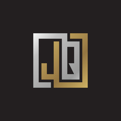 Initial letter JQ, looping line, square shape logo, silver gold color on black background