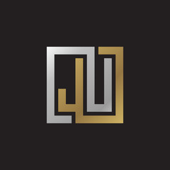 Initial letter JU, looping line, square shape logo, silver gold color on black background
