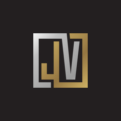 Initial letter JV, looping line, square shape logo, silver gold color on black background