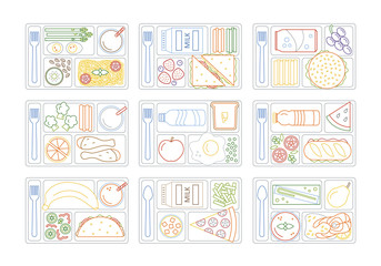 Fototapeta premium Coloring pages for kids with colorful border. Set lunches on a tray. Line style. Vector illustration.