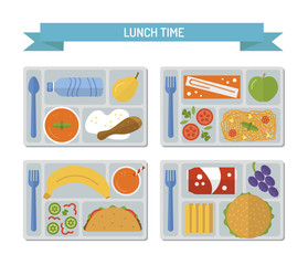 Set lunches on a tray. Healthy food. Business or school lunch. Flat style. Vector illustration. 
