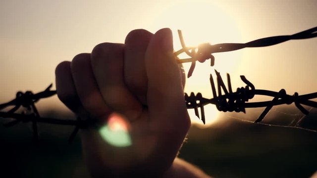 The boy is at sunset behind barbed wire. Hands holding the wire. Immigration concept. Silhouette of a child behind a fence