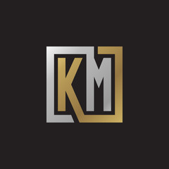 Initial letter KM, looping line, square shape logo, silver gold color on black background