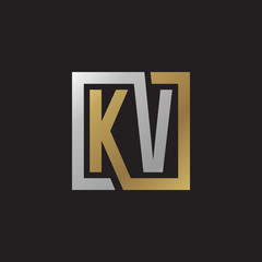 Initial letter KV, looping line, square shape logo, silver gold color on black background