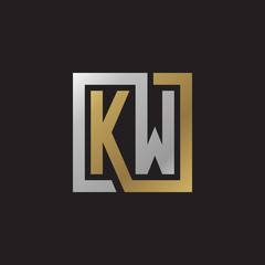 Initial letter KW, looping line, square shape logo, silver gold color on black background