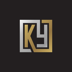 Initial letter KY, looping line, square shape logo, silver gold color on black background