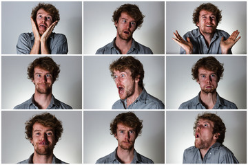 Young male losing mind expressions chart - obrazy, fototapety, plakaty