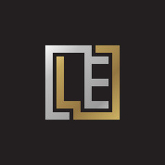 Initial letter LE, looping line, square shape logo, silver gold color on black background