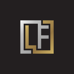 Initial letter LF, looping line, square shape logo, silver gold color on black background