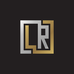 Initial letter LR, looping line, square shape logo, silver gold color on black background