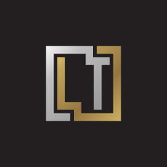 Initial letter LT, looping line, square shape logo, silver gold color on black background