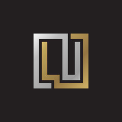 Initial letter LU, looping line, square shape logo, silver gold color on black background