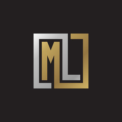 Initial letter ML, looping line, square shape logo, silver gold color on black background