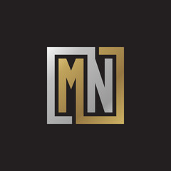 Initial letter MN, looping line, square shape logo, silver gold color on black background