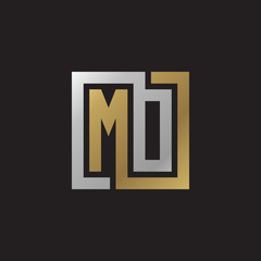 Initial letter MO, MD, looping line, square shape logo, silver gold color on black background