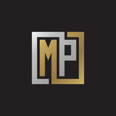 Initial letter MP, looping line, square shape logo, silver gold color on black background