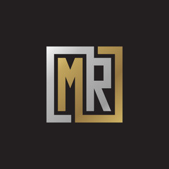 Initial letter MR, looping line, square shape logo, silver gold color on black background