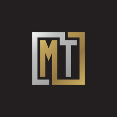 Initial letter MT, looping line, square shape logo, silver gold color on black background