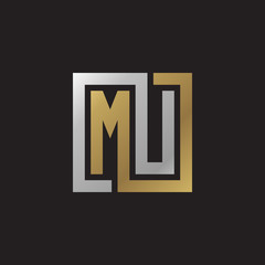 Initial letter MU, looping line, square shape logo, silver gold color on black background