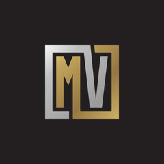 Initial letter MV, looping line, square shape logo, silver gold color on black background