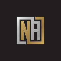 Initial letter NA, looping line, square shape logo, silver gold color on black background