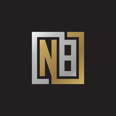 Initial letter NB, looping line, square shape logo, silver gold color on black background
