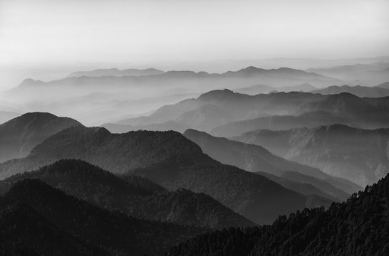 Valley and mountains in black and white