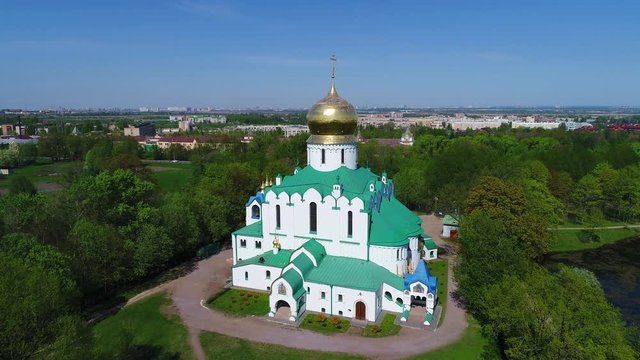 Sunny day at the Fedorovsky Cathedral. Tsarskoye Selo, Saint Petersburg. Russia (aerial photography) 
