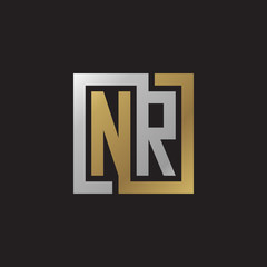Initial letter NR, looping line, square shape logo, silver gold color on black background