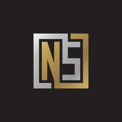Initial letter NS, looping line, square shape logo, silver gold color on black background
