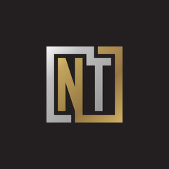 Obraz premium Initial letter NT, looping line, square shape logo, silver gold color on black background