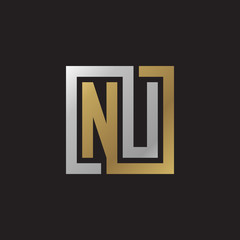 Initial letter NU, looping line, square shape logo, silver gold color on black background