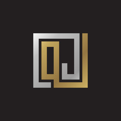 Initial letter OJ, looping line, square shape logo, silver gold color on black background