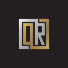 Initial letter OR, looping line, square shape logo, silver gold color on black background