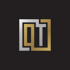 Initial letter OT, looping line, square shape logo, silver gold color on black background