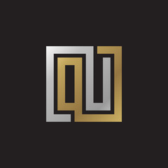 Initial letter OU, looping line, square shape logo, silver gold color on black background