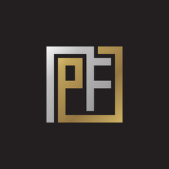 Initial letter PF, looping line, square shape logo, silver gold color on black background