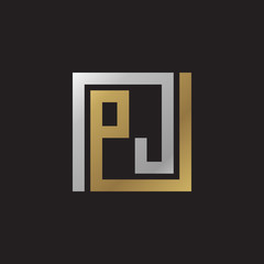 Initial letter PJ, looping line, square shape logo, silver gold color on black background