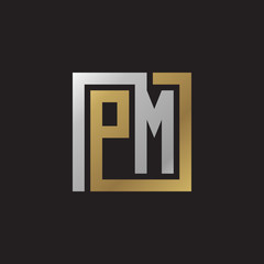 Initial letter PM, looping line, square shape logo, silver gold color on black background