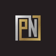 Initial letter PN, looping line, square shape logo, silver gold color on black background