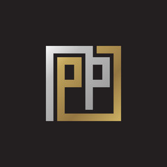 Initial letter PP, looping line, square shape logo, silver gold color on black background