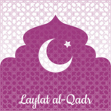 Laylat al-Qadr. Islamic religion holiday. Symbolic silhouette of the mosque. Crimson shades of color. White background. Paper style. Moon and star. Background pattern of arabesque