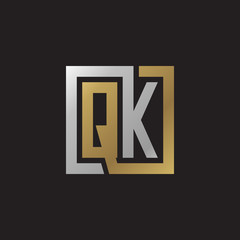 Initial letter QK, looping line, square shape logo, silver gold color on black background
