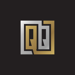 Initial letter QQ, looping line, square shape logo, silver gold color on black background