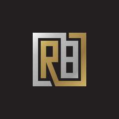 Initial letter RB, looping line, square shape logo, silver gold color on black background