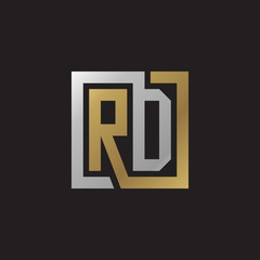 Initial letter RD, looping line, square shape logo, silver gold color on black background