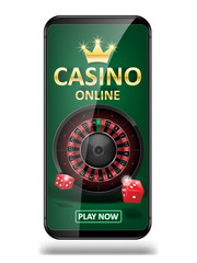 Online Internet casino marketing banner. phone app with dice, poker and roulette wheel. Playing Web poker and gambling casino games. Vector illustration